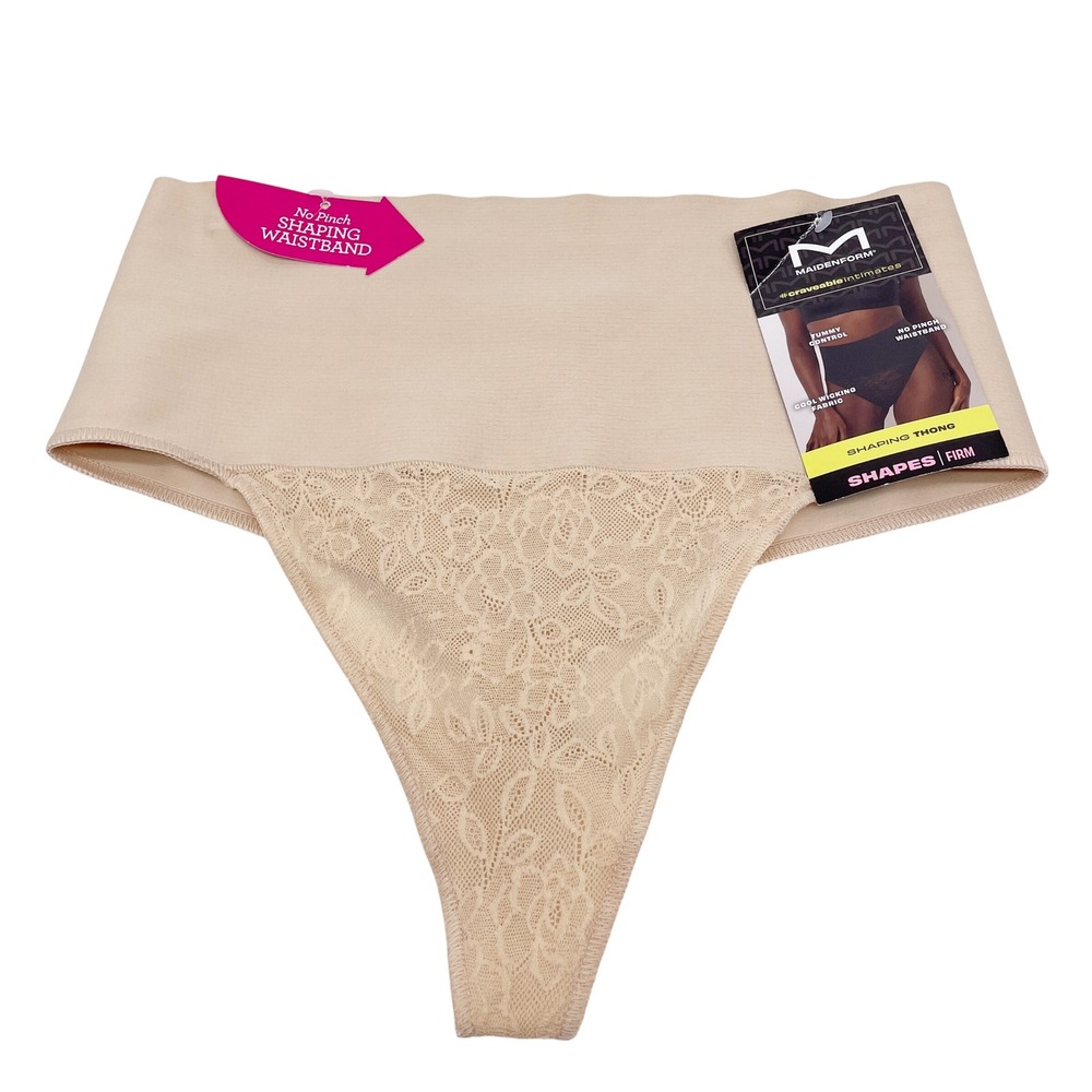 Maidenform Women's Beige Lace Waistband Tummy Control Shaping Thong Size M